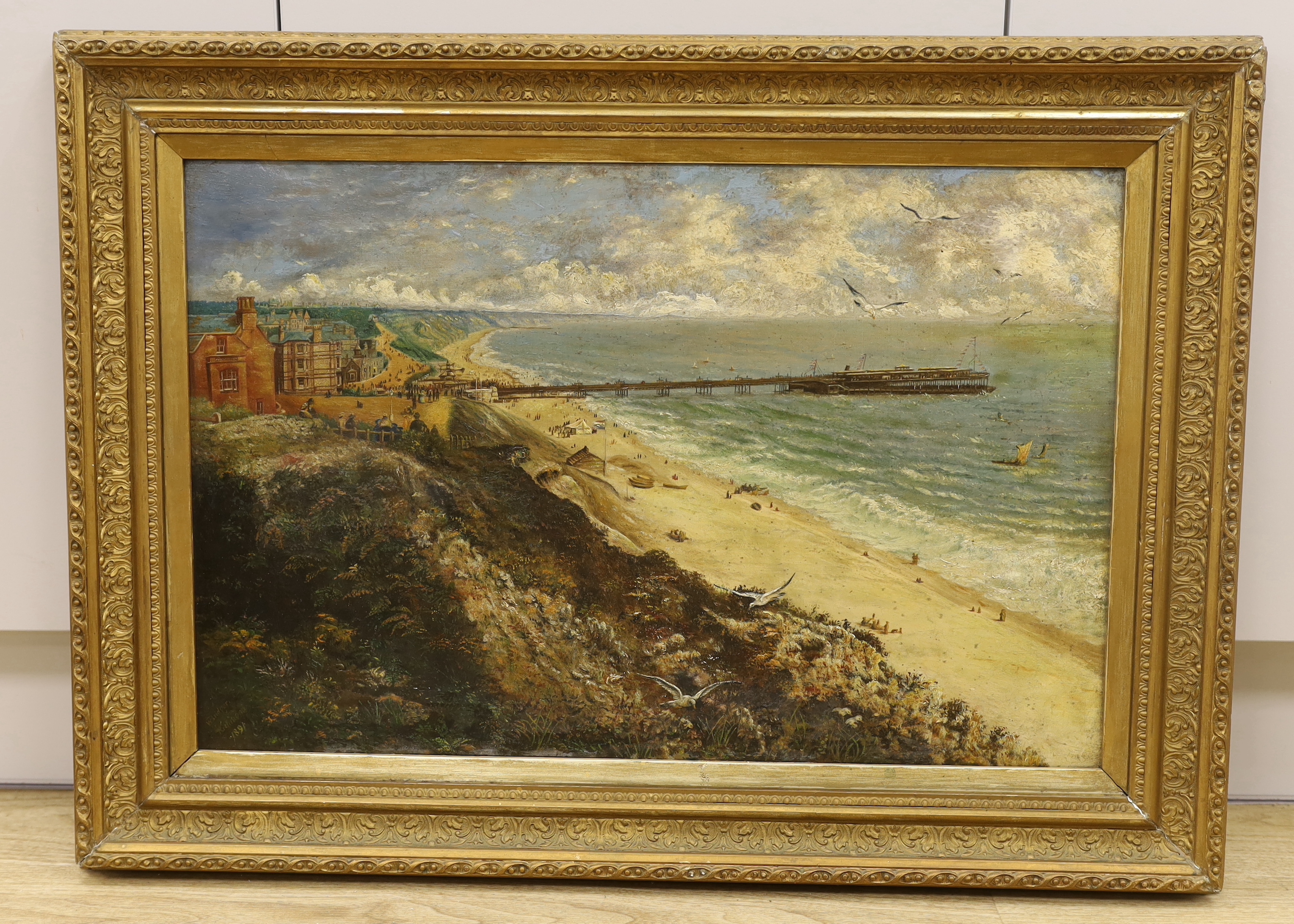W. Bridger, late 19th century oil on canvas, 'Coastal scene with pier', signed and inscribed ‘Richmond’, 64 x 42cm